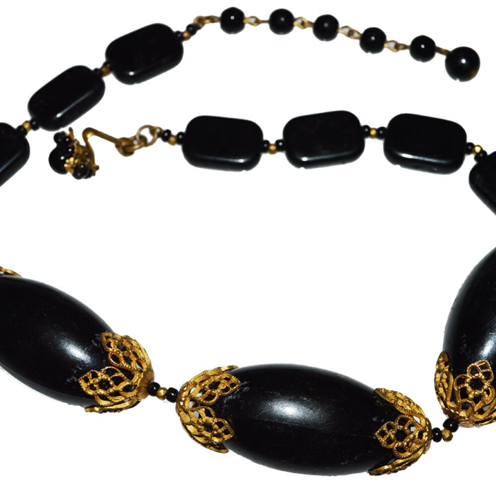 Black Horn and Black Onyx Beads with Brass Filigree Decorative Caps